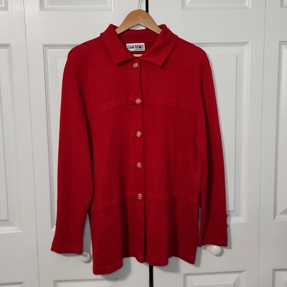 Vintage San Remo By Laura‎ Knits Red Cardigan Size LG Old Money Preppy Retro